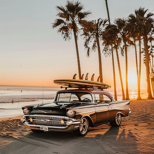 1967 Chevy Bel Air with surf rack, beach sunset