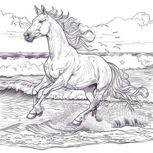 Horse galloping on a beach with crashing waves
