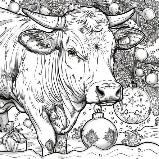 Cow in Christmas setting with ornaments. Coloring page