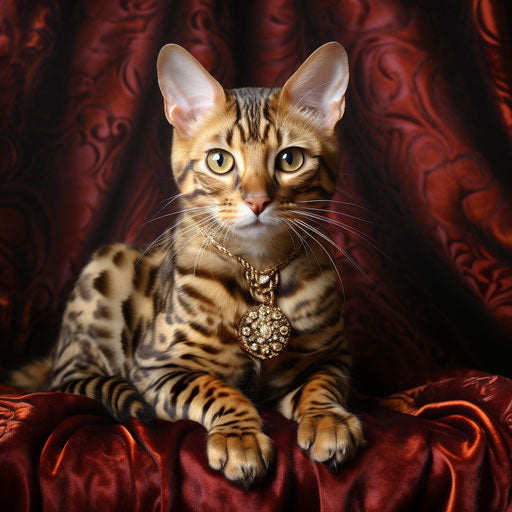 Bengal cat sitting on blanket, light maroon and light gold style