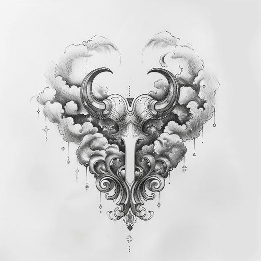 Ethereal Aries constellation tattoo sketch with swirling clouds