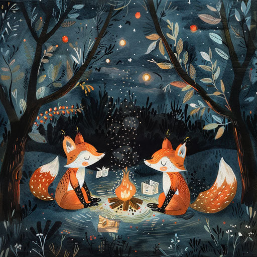Foxes around a campfire, tales under the stars