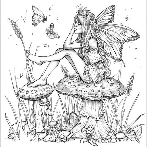 Whimsical fairy on a toadstool with butterflies
