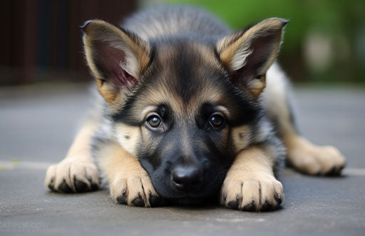 Black and white german shepherd puppy laying down, creative style