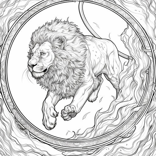 Circus lion jumping through a fiery hoop