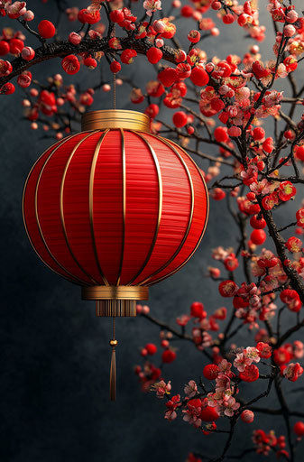 Red lantern hanging on golden ring surrounded by flowers