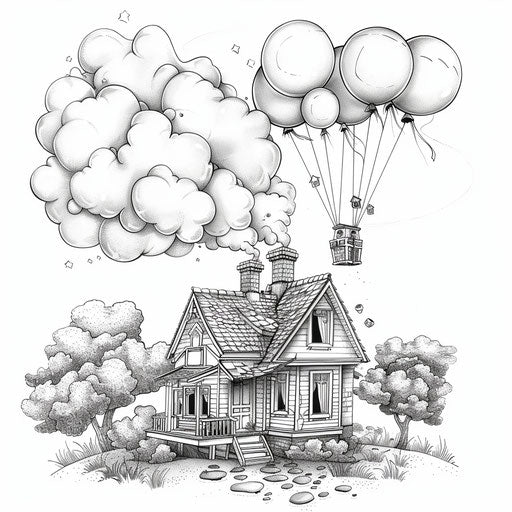 House floating away with colorful balloons
