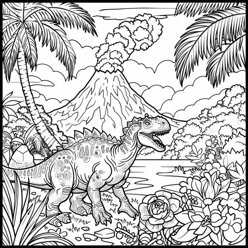 Dinosaur adventure with volcanoes, Jen Bartel style coloring page
