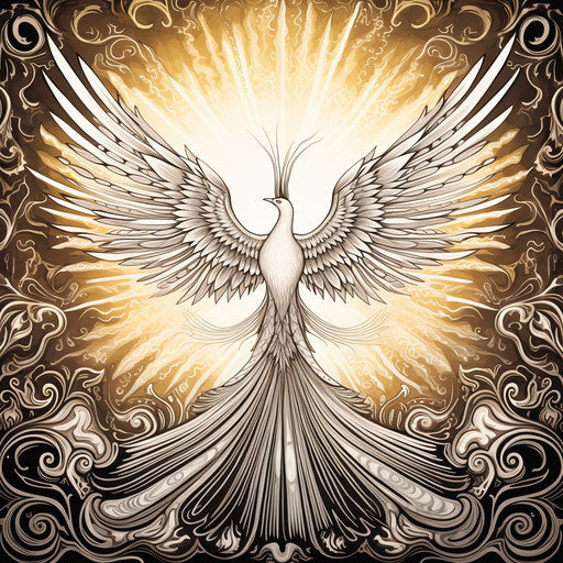 Black and white image of a phoenix on intricate background