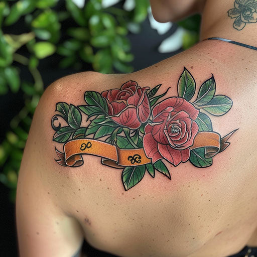 Mother-daughter tattoos of classic roses with banners