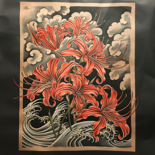 Traditional Japanese style tattoo sketch of a red spider lily with waves and clouds in the background