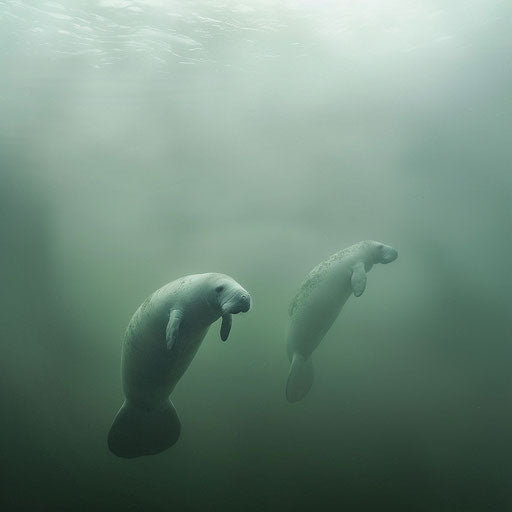 Manatees in a misty underwater scene