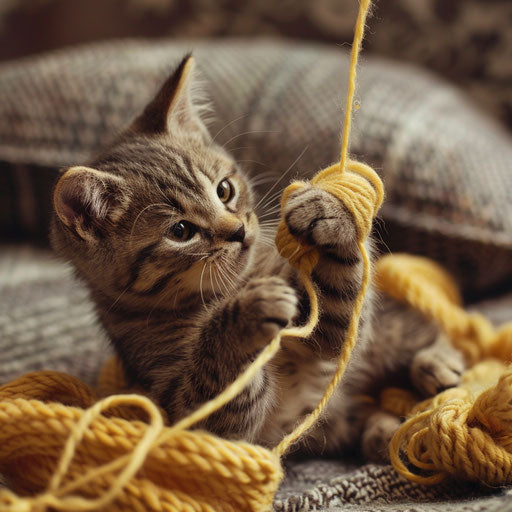 Brown cat playing with yarn