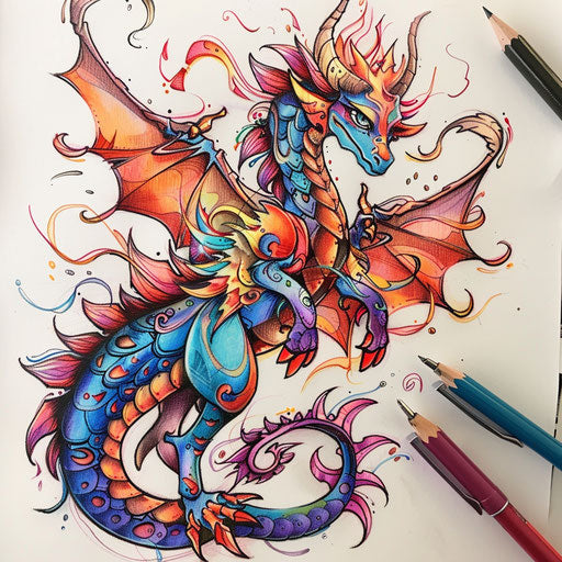 Sketch of a mystical dragon with flames