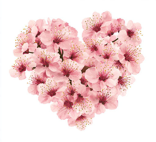 Heart-shaped arrangement of pink cherry blossoms