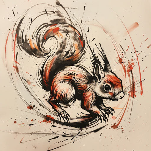 Energetic flat tattoo sketch of a squirrel dashing with a blur of movement