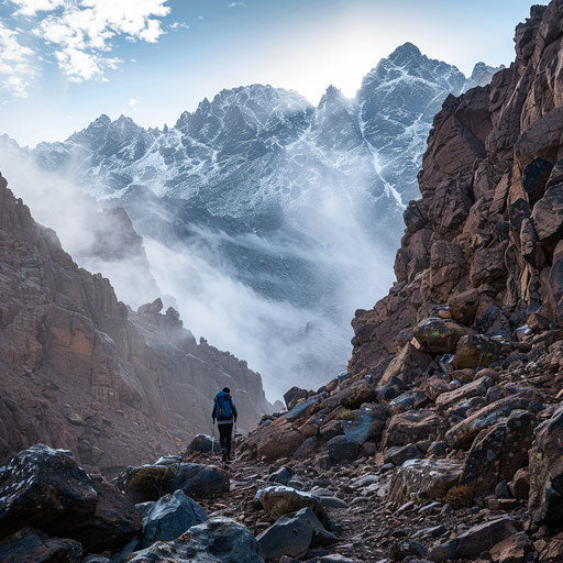 Hiking trails on Mount Toubkal, in the style of Ted Gore