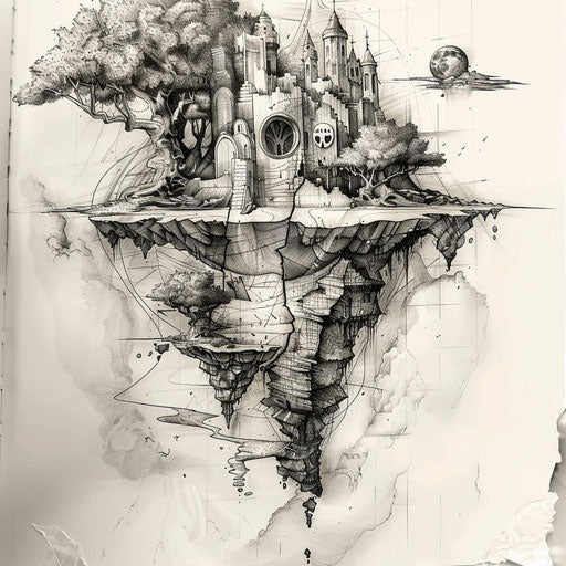 Eleven tattoo sketch surrounded by floating islands and surreal elements