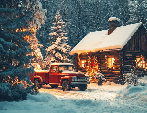 Vintage red truck by old wooden cabin in snowy Christmas