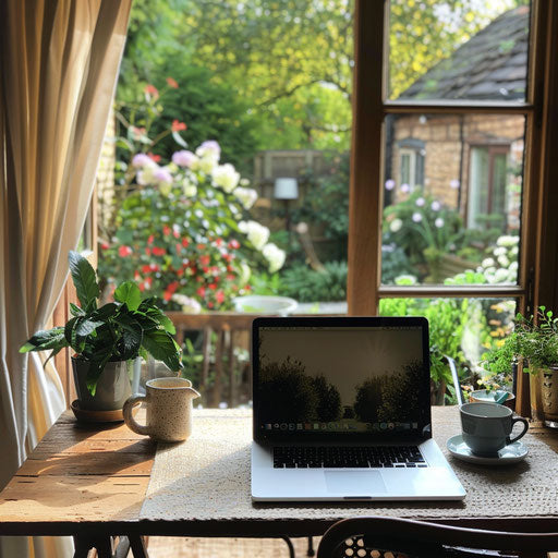 Home office with laptop, coffee cup, and garden view