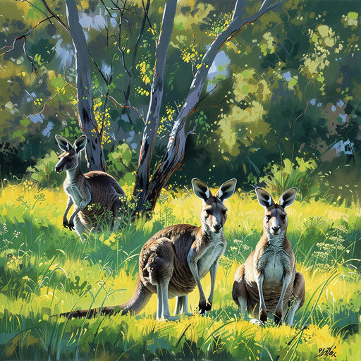 Western grey kangaroos grazing in the lush green fields of the Australian outback