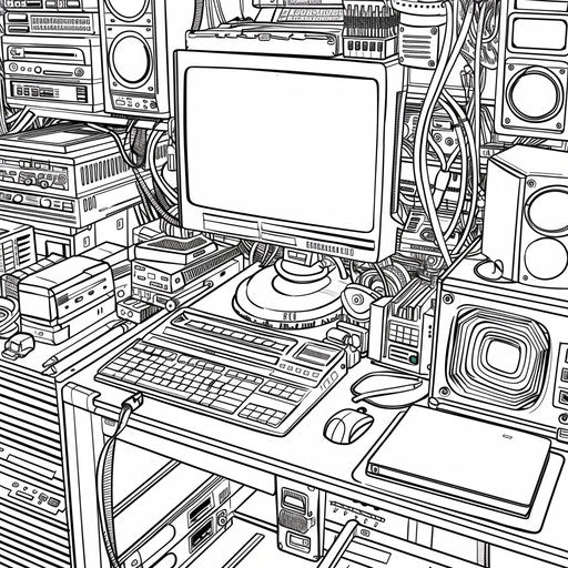 Detailed view of a computer with software icons on the screen. Coloring book page