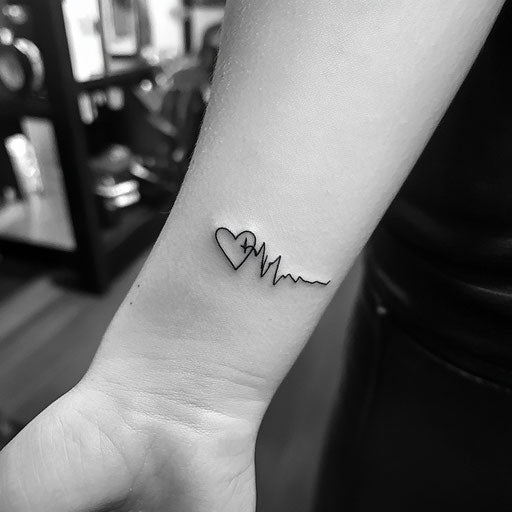 Daughter tattooed with a heartbeat line forming a heart on the wrist in the style of Adrian Smith