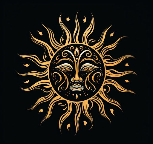 Neolithic sun tattoo on hand, drawn design illustration