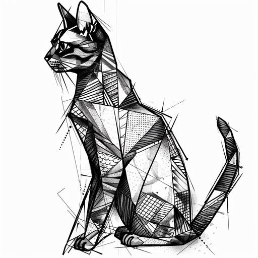 Playful geometric tattoo sketch of a cat silhouette filled with geometric patterns, on a pure white background.