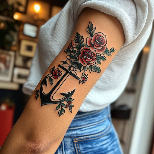Inner arm tattoos of a traditional anchor with roses in the style of Sailor Jerry