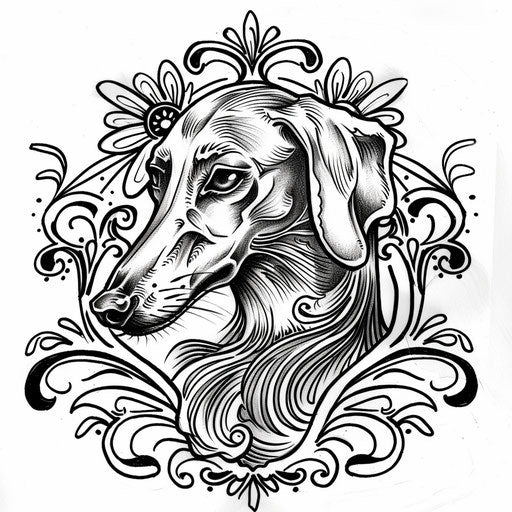 Exotic clipart style flat tattoo sketch for a dog outline tattoo with a Saluki in ornate Middle Eastern style patterns
