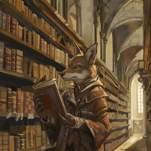 The coyote librarian in an ancient library