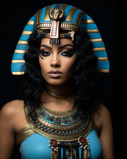 Egyptian Queen with flat and graphic blue wig, 61:76