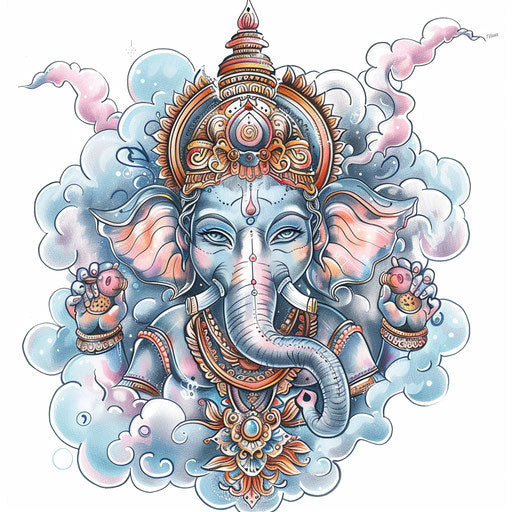 Dreamy tattoo sketch of Ganesha with pastel clouds