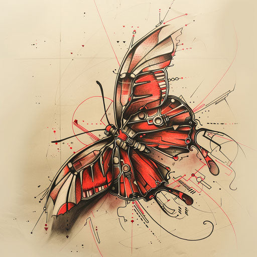 Futuristic red butterfly tattoo sketch with metallic shades and circuit patterns