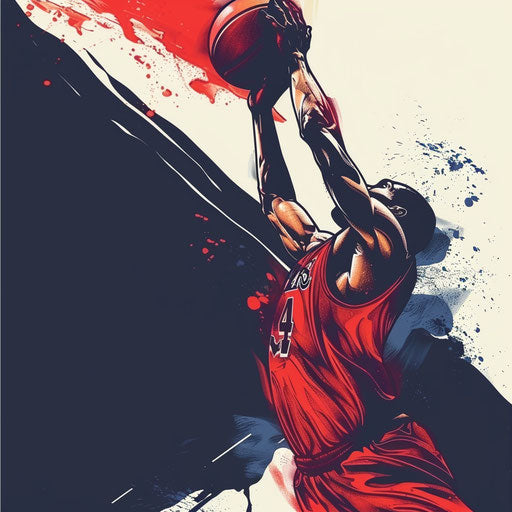 Dramatic tattoo sketch of a game-winning basketball shot, flat style, high contrast colors