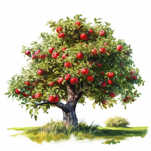 Oil painting style apple tree clipart on white background
