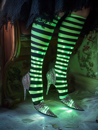 Pair of witch legs with green and black stripes