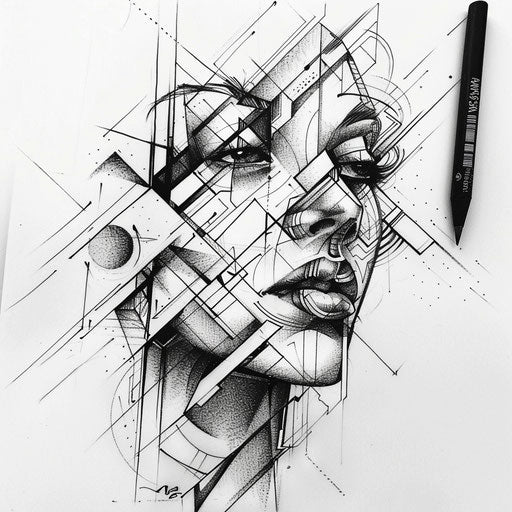 Bold and graphic tattoo sketch for a cross stitch tattoo featuring geometric shapes and monochrome palette