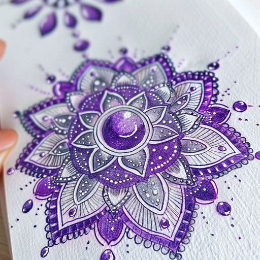 Violet and silver mandala tattoo, detailed and symmetrical