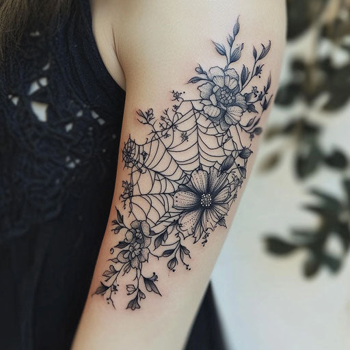 Elbow tattoo of spider web with intricate floral patterns