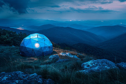 Bright blue geodesic camp dome atop mountains with lights