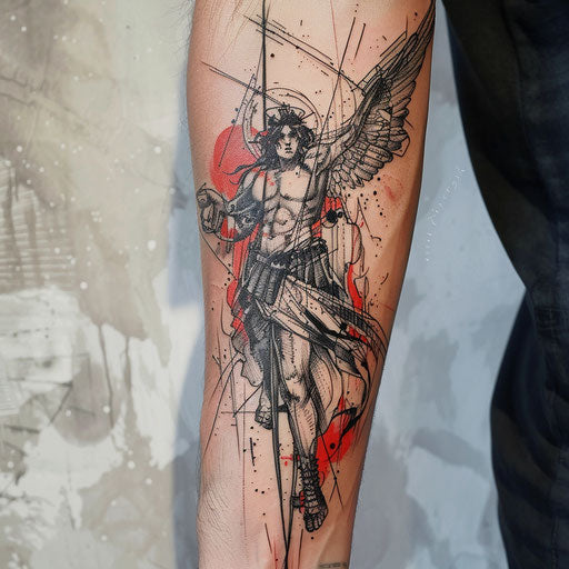 Surrealistic tattoo of Saint Michael in an abstract design