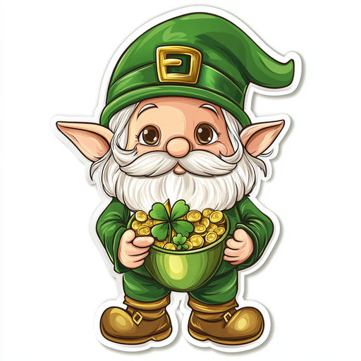St. Patrick's Day gnome with pot of gold and shamrocks