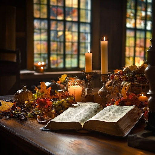 A Thanksgiving table in a rustic church, adorned with a Bible, candles, and autumn harvest symbols, glowing softly in candlelight