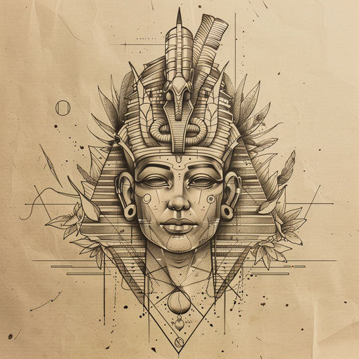 Nature-inspired flat tattoo sketch of a pharaoh with elements of the Nile like papyrus and lotus