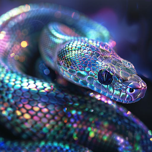 Python snake with iridescent scales, in the style of Ashraful Arefin