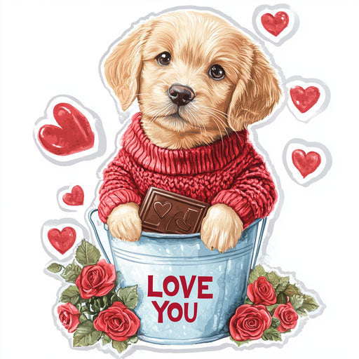 Adorable Golden Retriever puppy in bucket of roses and hearts