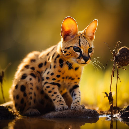 A serval cat staring at an insect