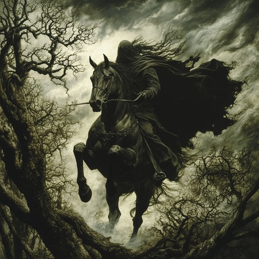 Headless horseman in dark forest under stormy sky